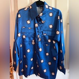 Retro Blue Satin Look Floral Print Long Sleeve Button Down Up Oversized Shirt M